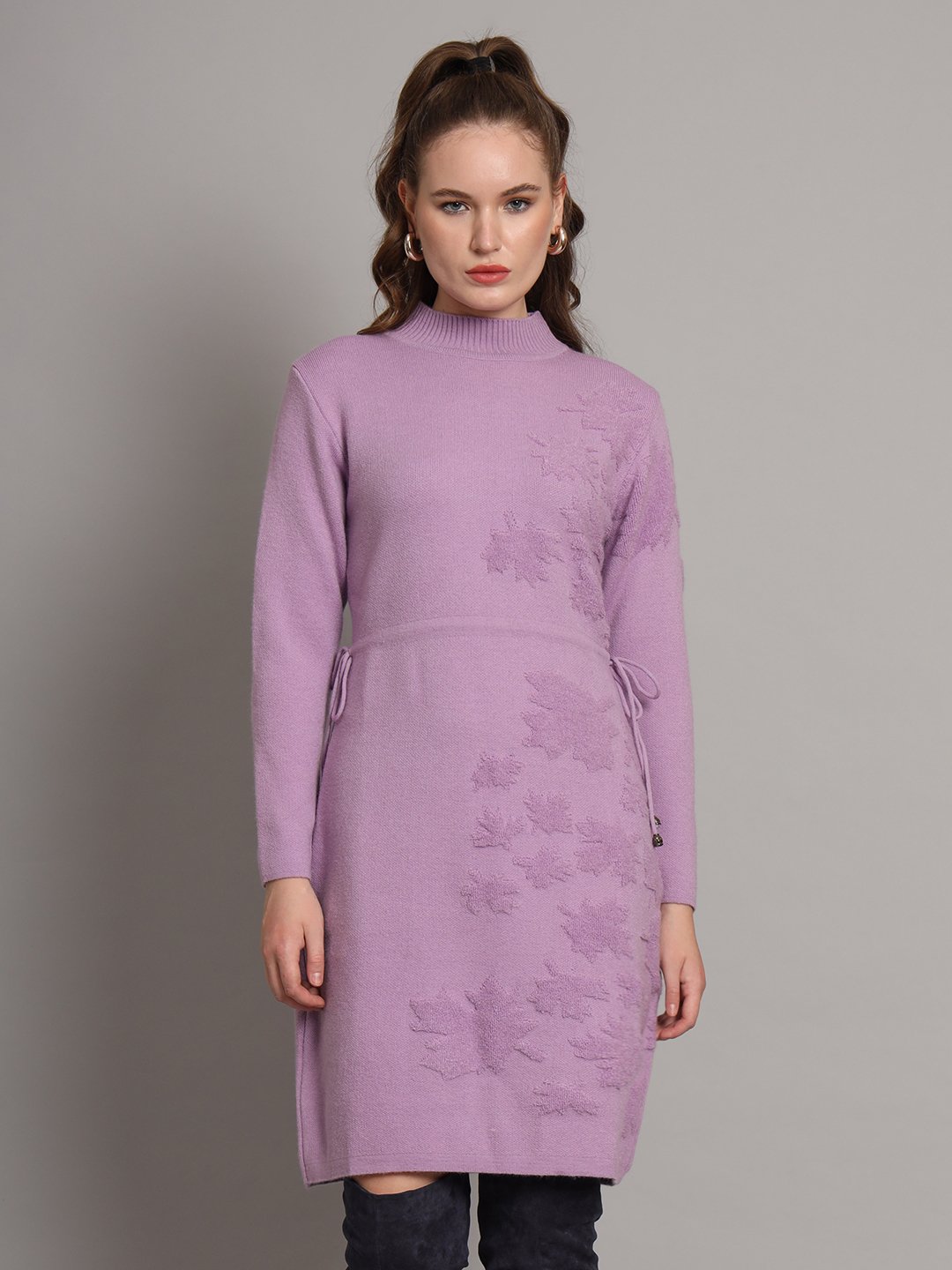 Lilac women’s knit jumper dress with embroidered maple leaf design, long sleeves, and waist tie – winter fashion