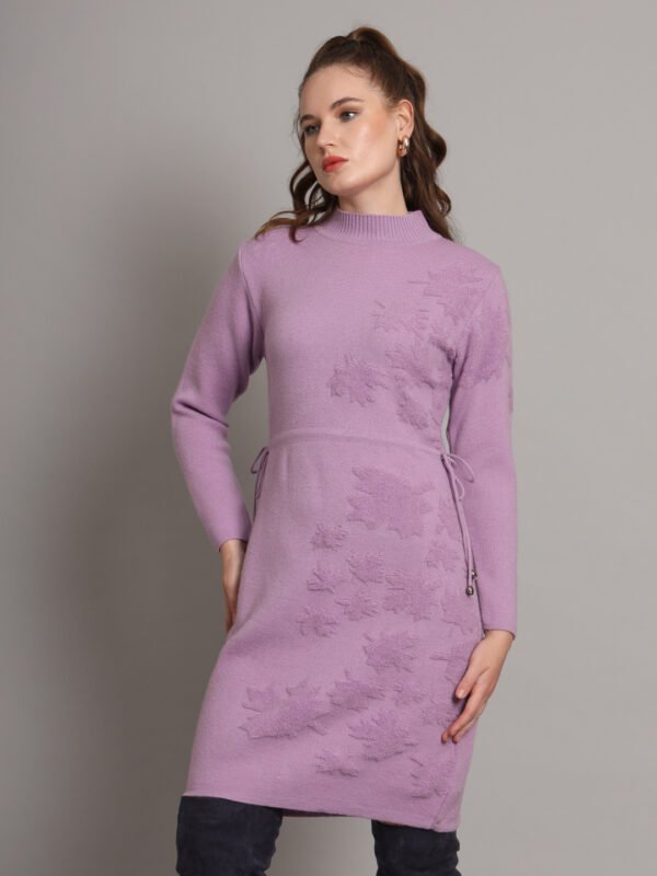Lilac Embroidered Maple Leaf Knit Jumper Dress for Women – Winter Collection