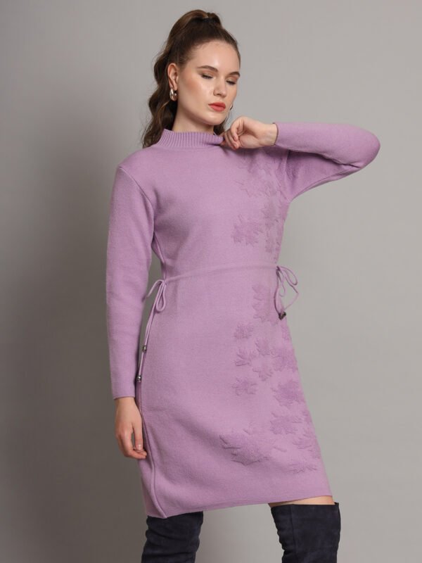 Lilac Embroidered Maple Leaf Knit Jumper Dress for Women – Winter Collection