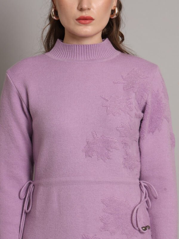 Lilac Embroidered Maple Leaf Knit Jumper Dress for Women – Winter Collection