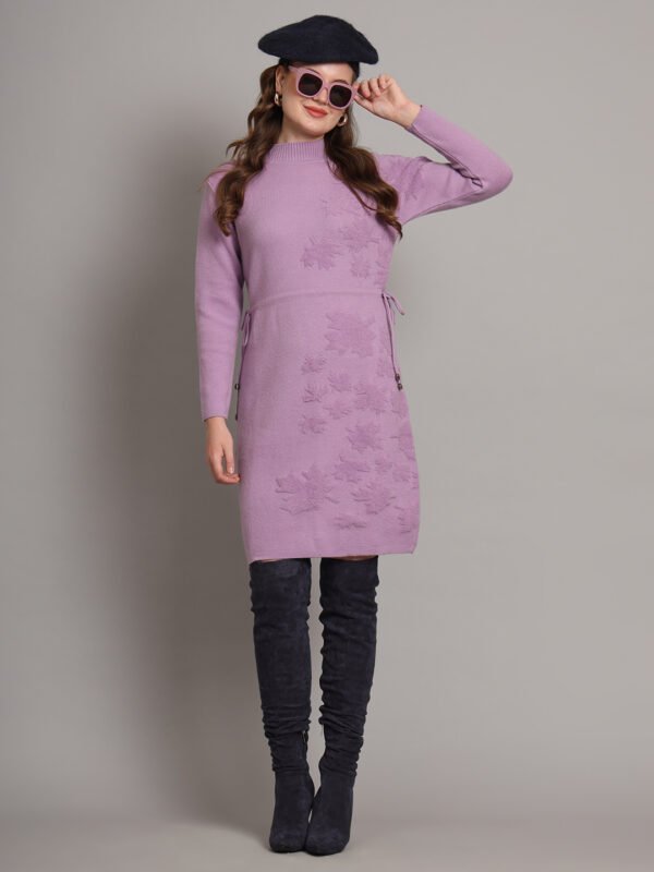 Lilac Embroidered Maple Leaf Knit Jumper Dress for Women – Winter Collection