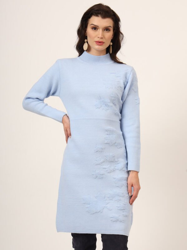 Lilac women’s knit jumper dress with embroidered maple leaf design, long sleeves, and waist tie – winter fashion