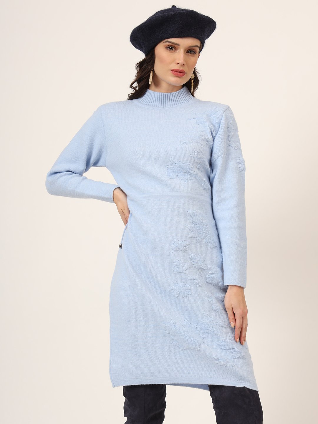 Lilac women’s knit jumper dress with embroidered maple leaf design, long sleeves, and waist tie – winter fashion