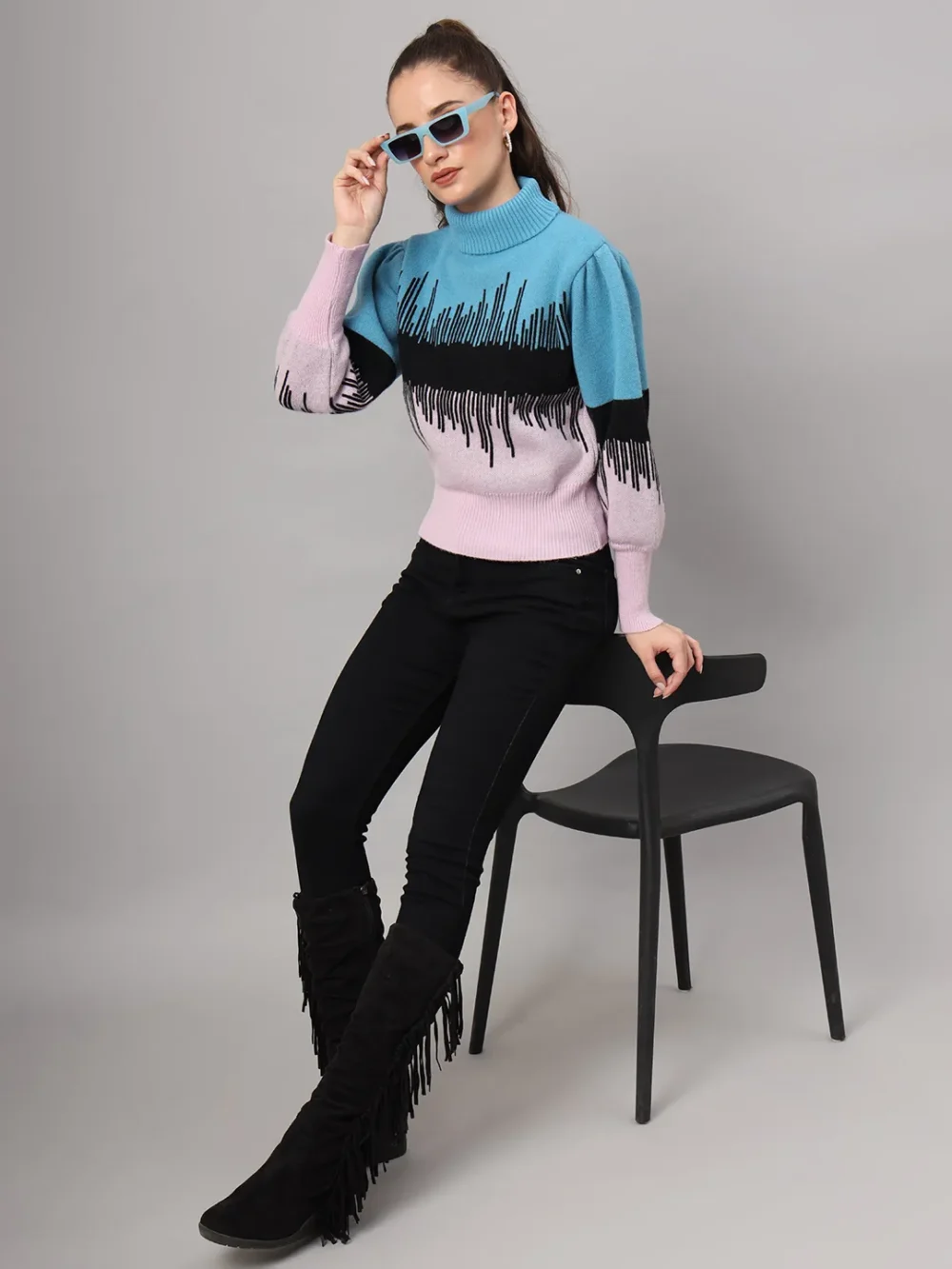 Colour Blocked Self Design Acrlyic Wool Knitted Women Sweater