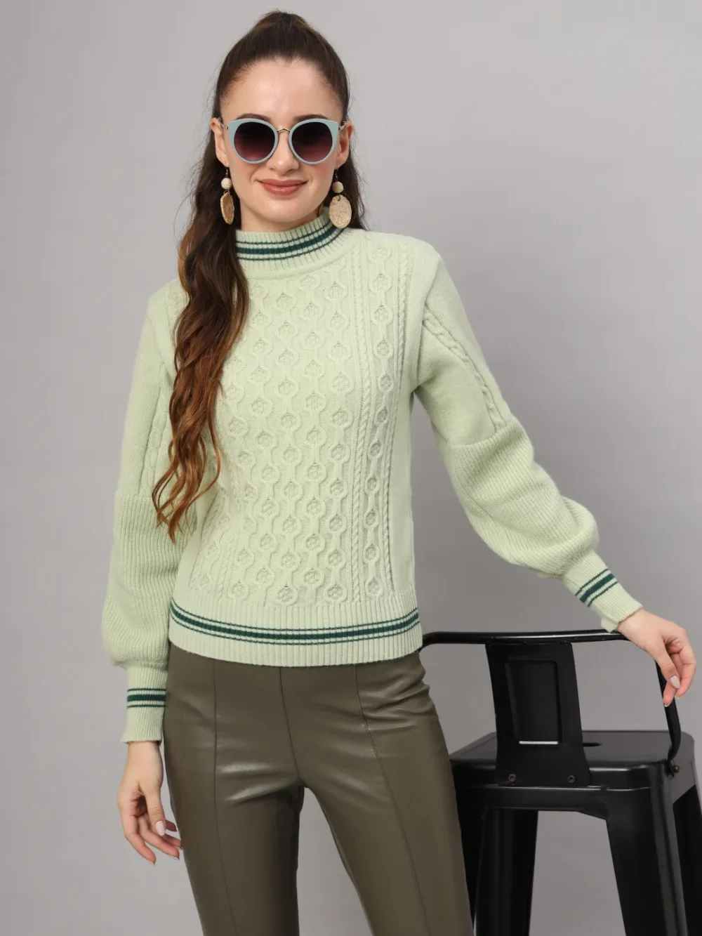 Turtle Neck Cable Knitted With Ballon Sleeves Self Design Woollen Top & Sweater