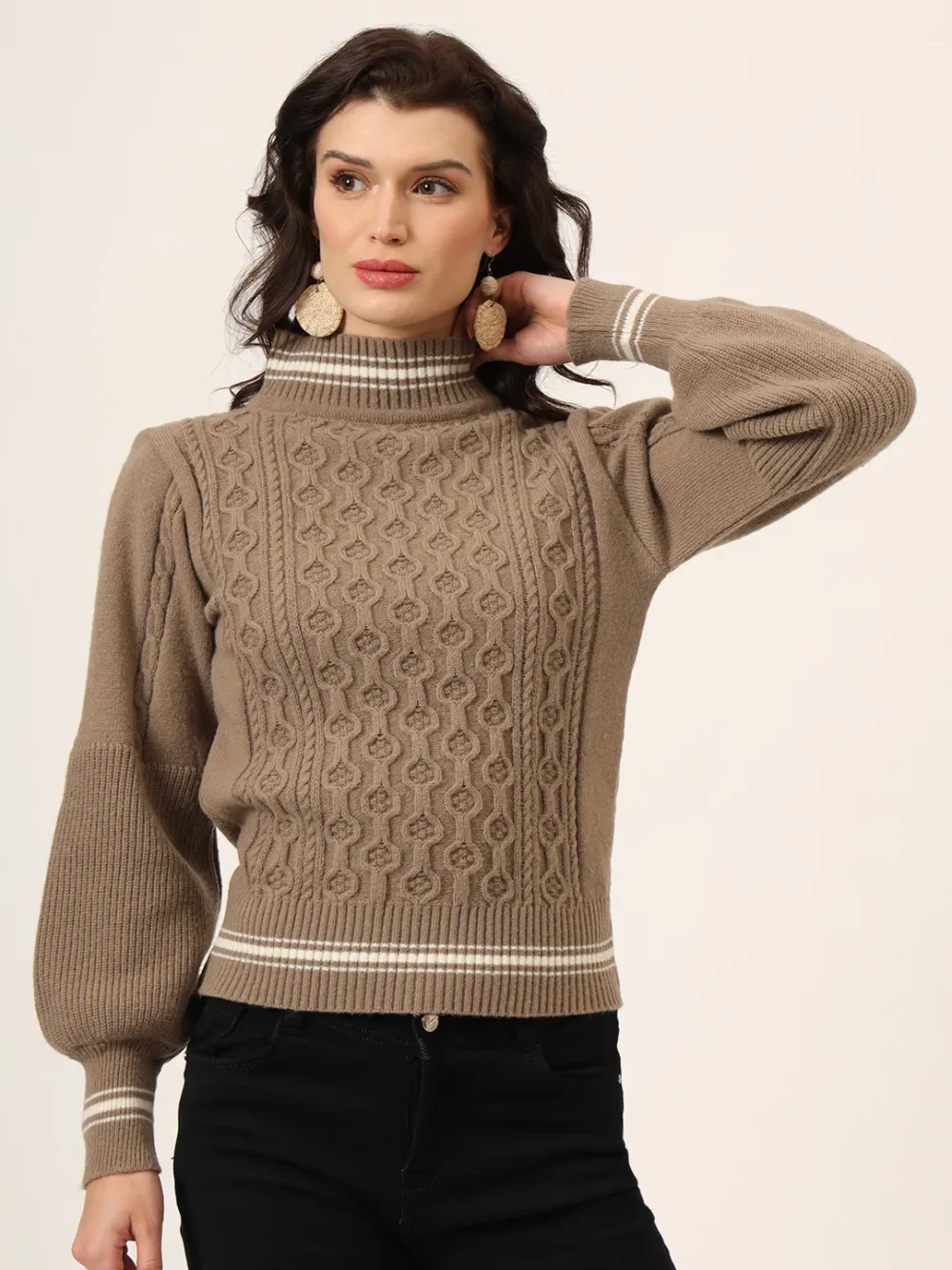 Turtle Neck Cable Knitted With Ballon Sleeves Self Design Woollen Top & Sweater