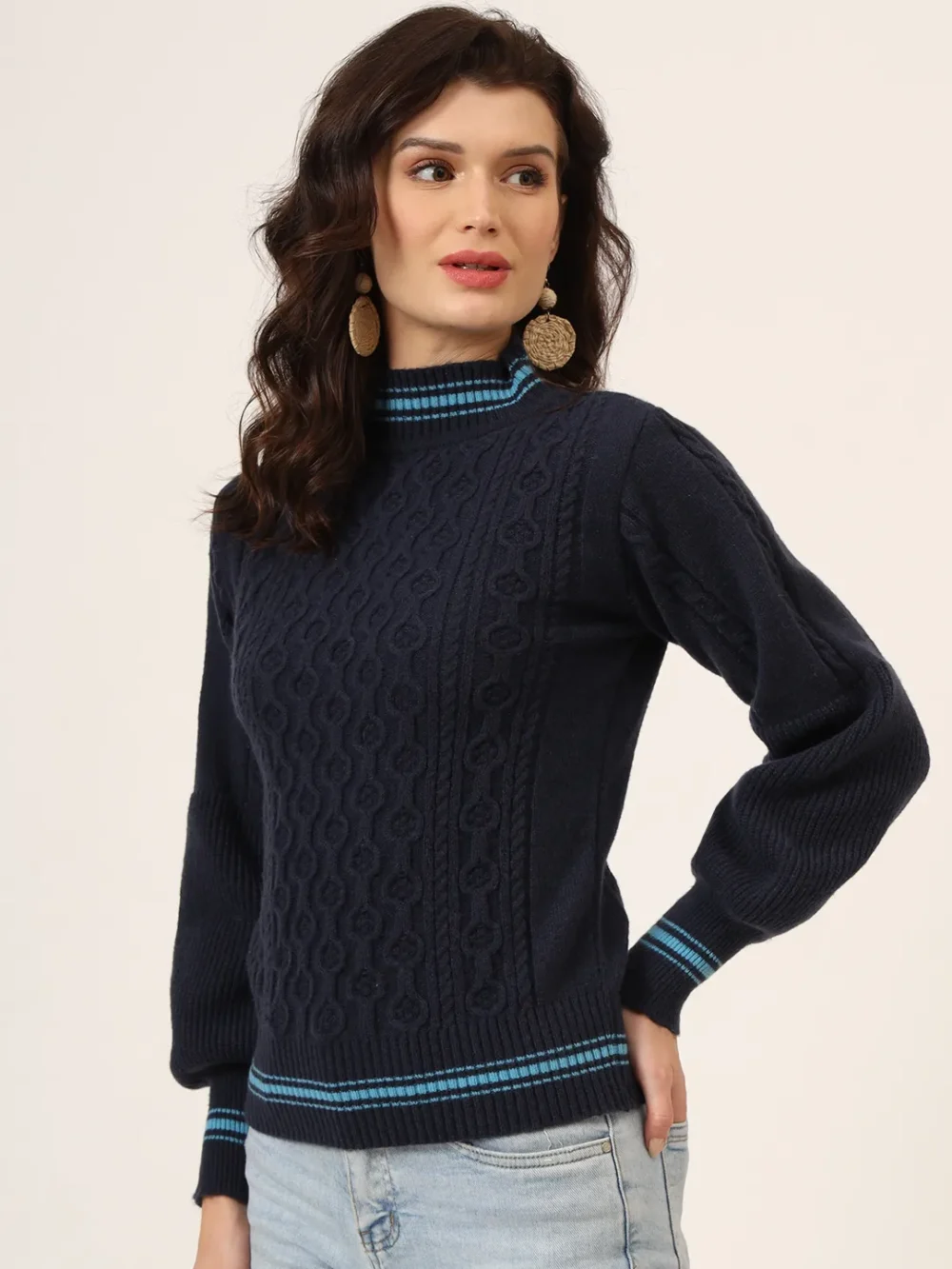 Turtle Neck Cable Knitted With Ballon Sleeves Self Design Woollen Top & Sweater