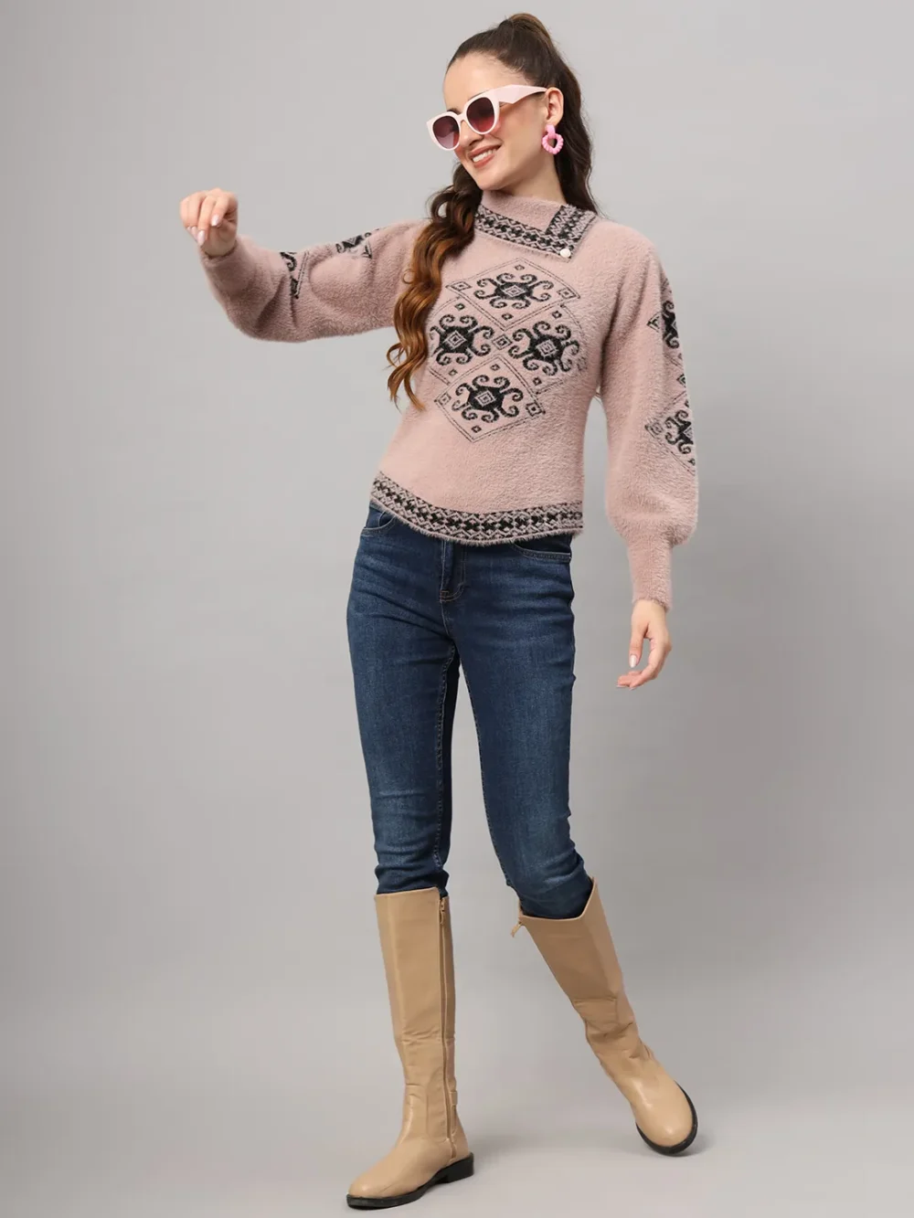 Ballon Sleeves With Stylish cough Knitted Woollen Top & Sweater