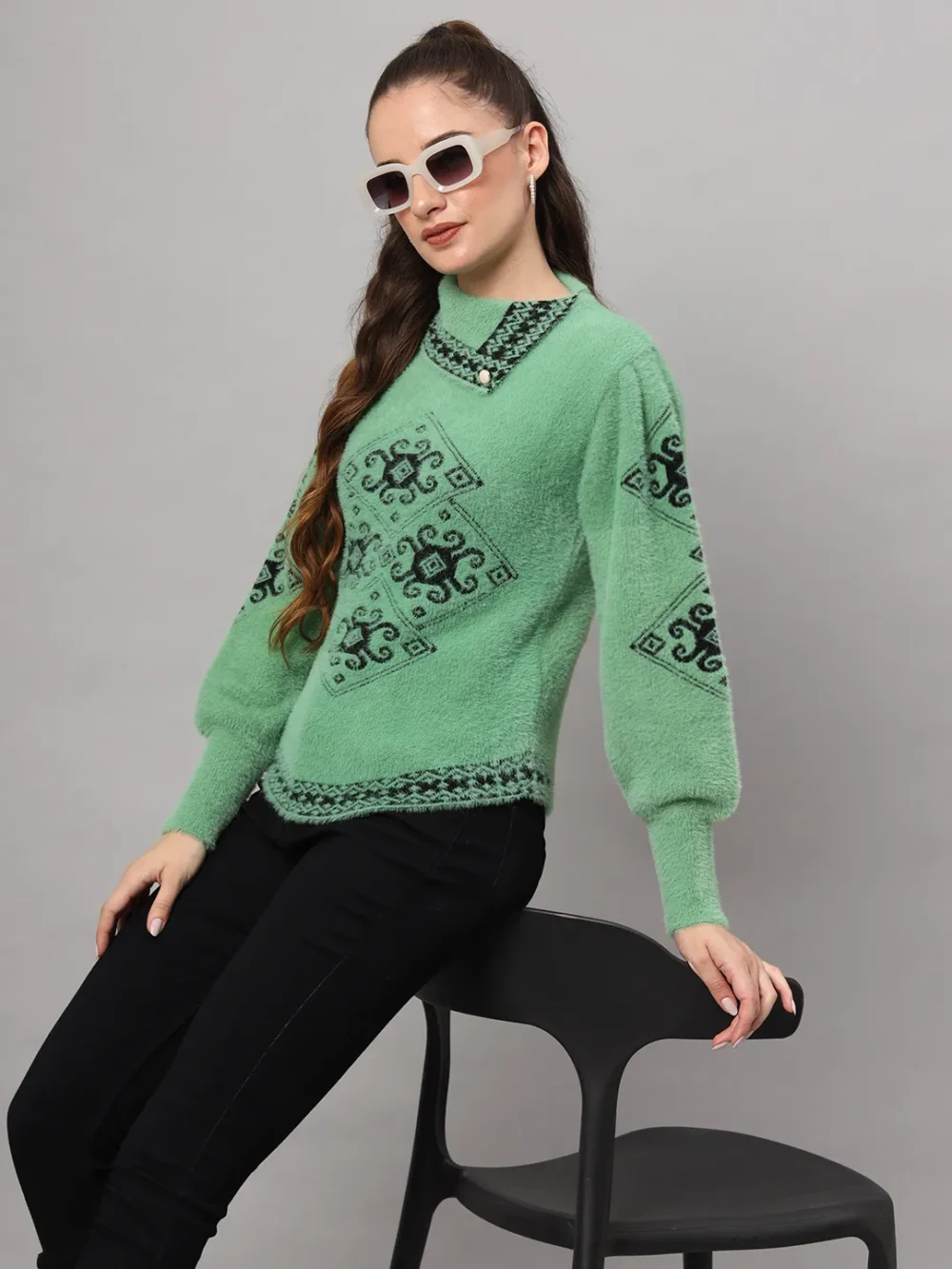 Ballon Sleeves With Stylish cough Knitted Woollen Top & Sweater