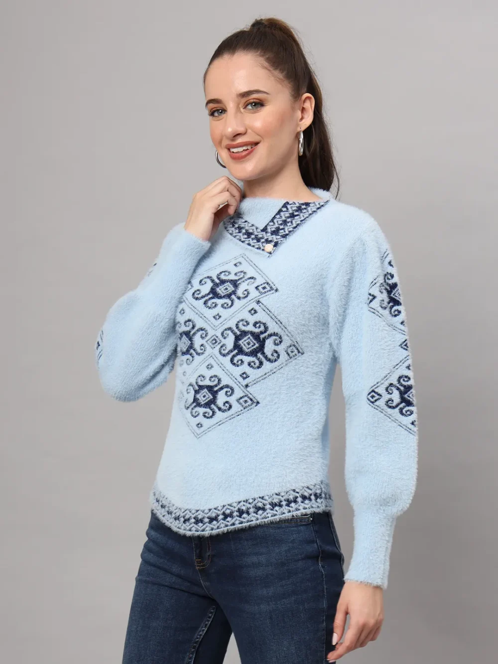 Ballon Sleeves With Stylish cough Knitted Woollen Top & Sweater