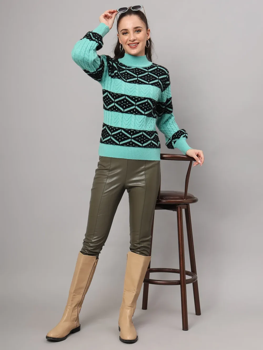 Turtle Neck Acrylic Wool Knitted Self Design Women Top & Sweater