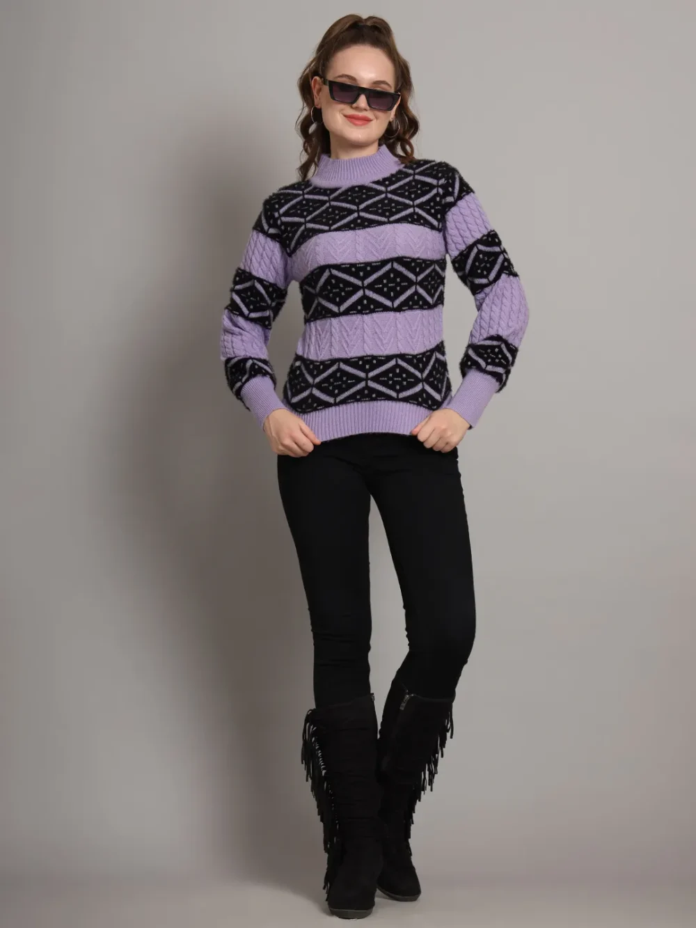 Turtle Neck Acrylic Wool Knitted Self Design Women Top & Sweater