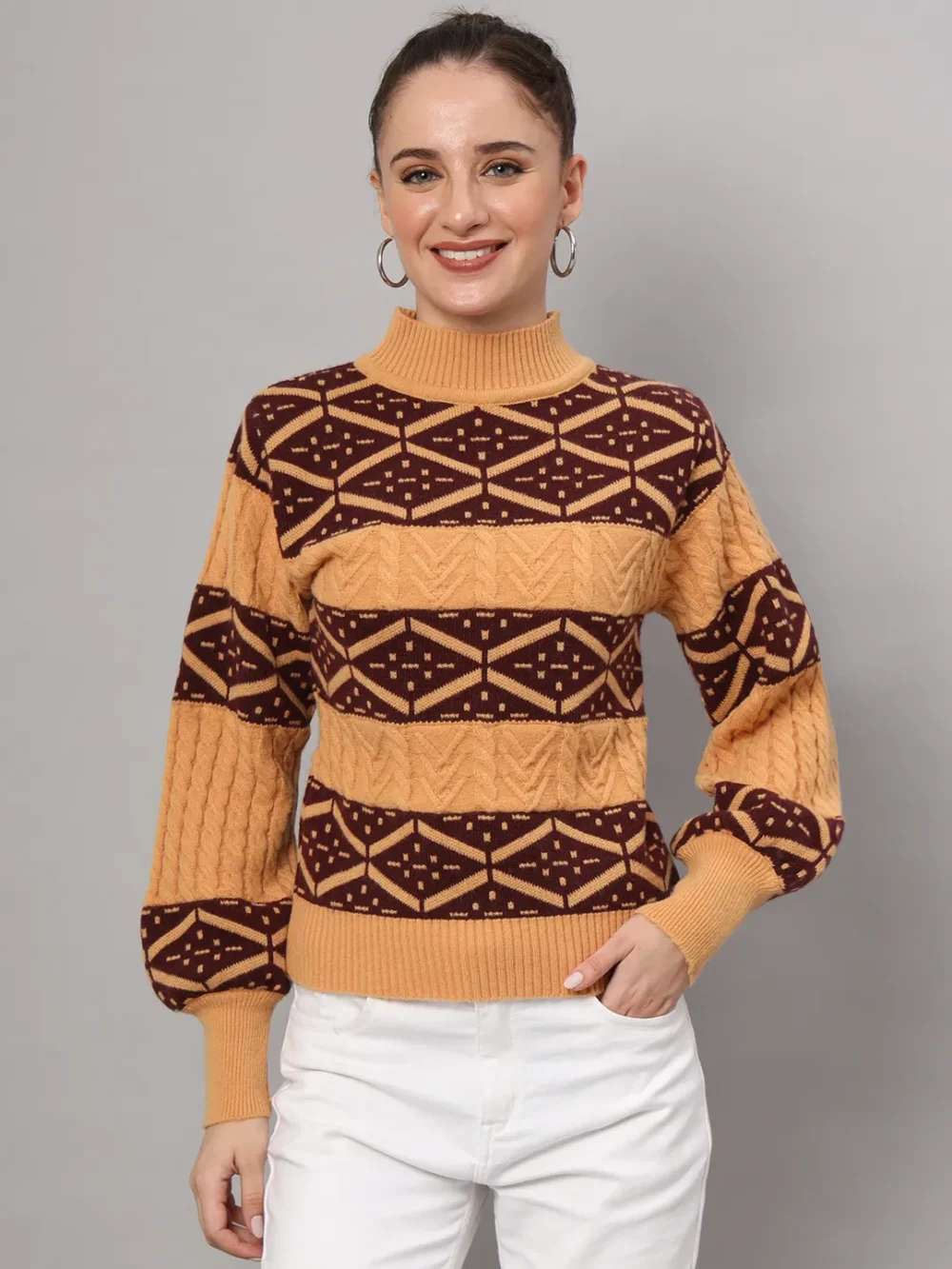 Turtle Neck Acrylic Wool Knitted Self Design Women Top & Sweater