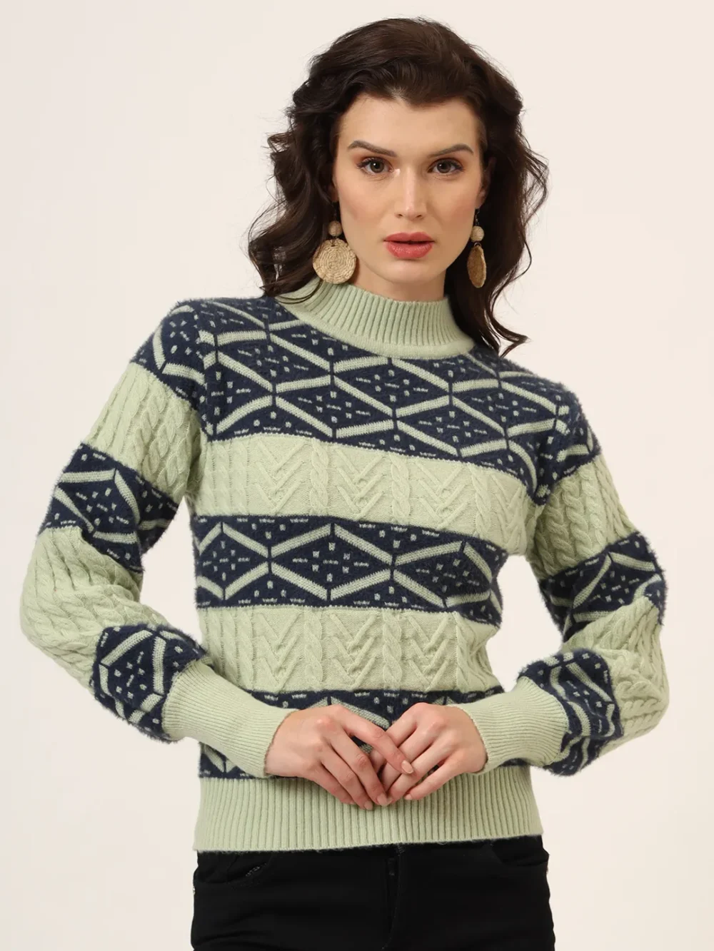 Turtle Neck Acrylic Wool Knitted Self Design Women Top & Sweater