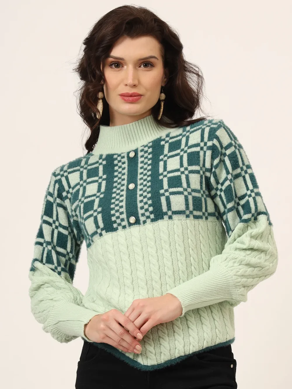 Colour blocked Cubic design with long Cuffs Knitted woollen top &.Sweater