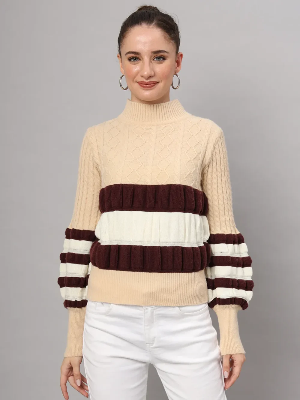 Colour Blocked Cable Knitted Ballon Design Woollen Top & Sweater