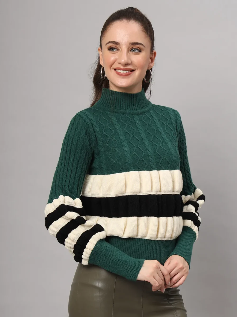 Colour Blocked Cable Knitted Ballon Design Woollen Top & Sweater