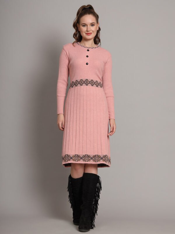 Women’s peach ribbed knit winter jumper dress with embroidered waist and hemline