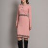 Women’s Peach Ribbed Knit Winter Jumper Dress with Embroidered Waist & Hemline