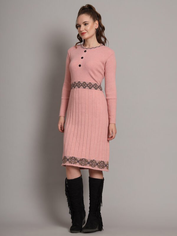 Women’s Peach Ribbed Knit Winter Jumper Dress with Embroidered Waist & Hemline