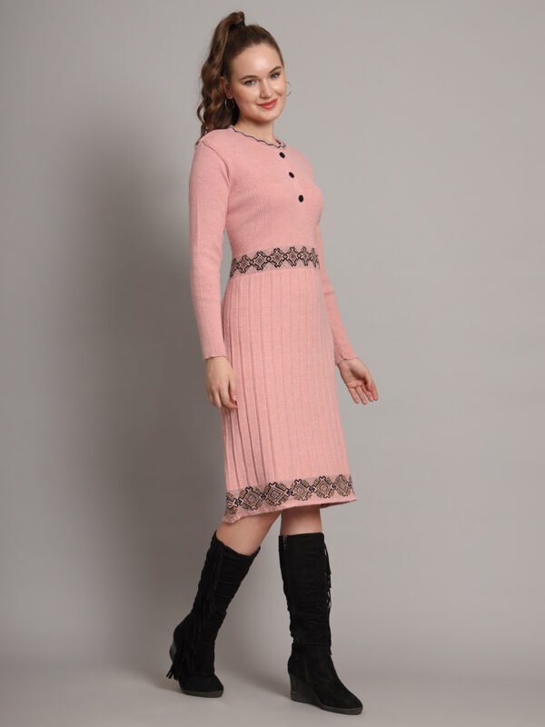 Women’s Peach Ribbed Knit Winter Jumper Dress with Embroidered Waist & Hemline