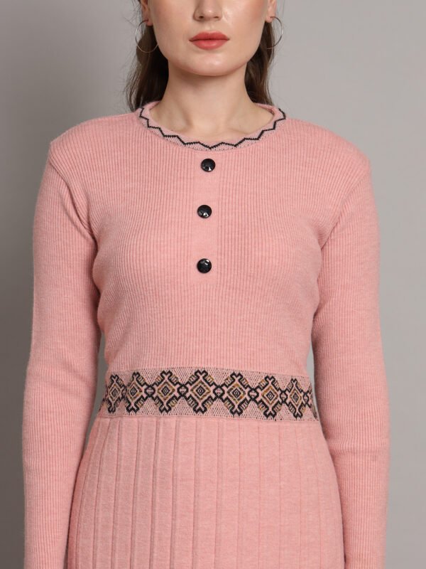 Women’s Peach Ribbed Knit Winter Jumper Dress with Embroidered Waist & Hemline