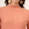 Women's Peach Cable-Knit Winter Jumper Dress with High Neck & Balloon Sleeves