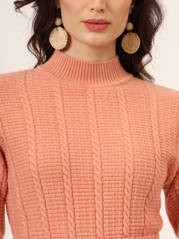 Women's Peach Cable-Knit Winter Jumper Dress with High Neck & Balloon Sleeves