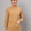Women’s camel cable knit winter jumper with high neck and front pockets
