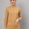 Women’s camel cable knit winter jumper with high neck and front pockets