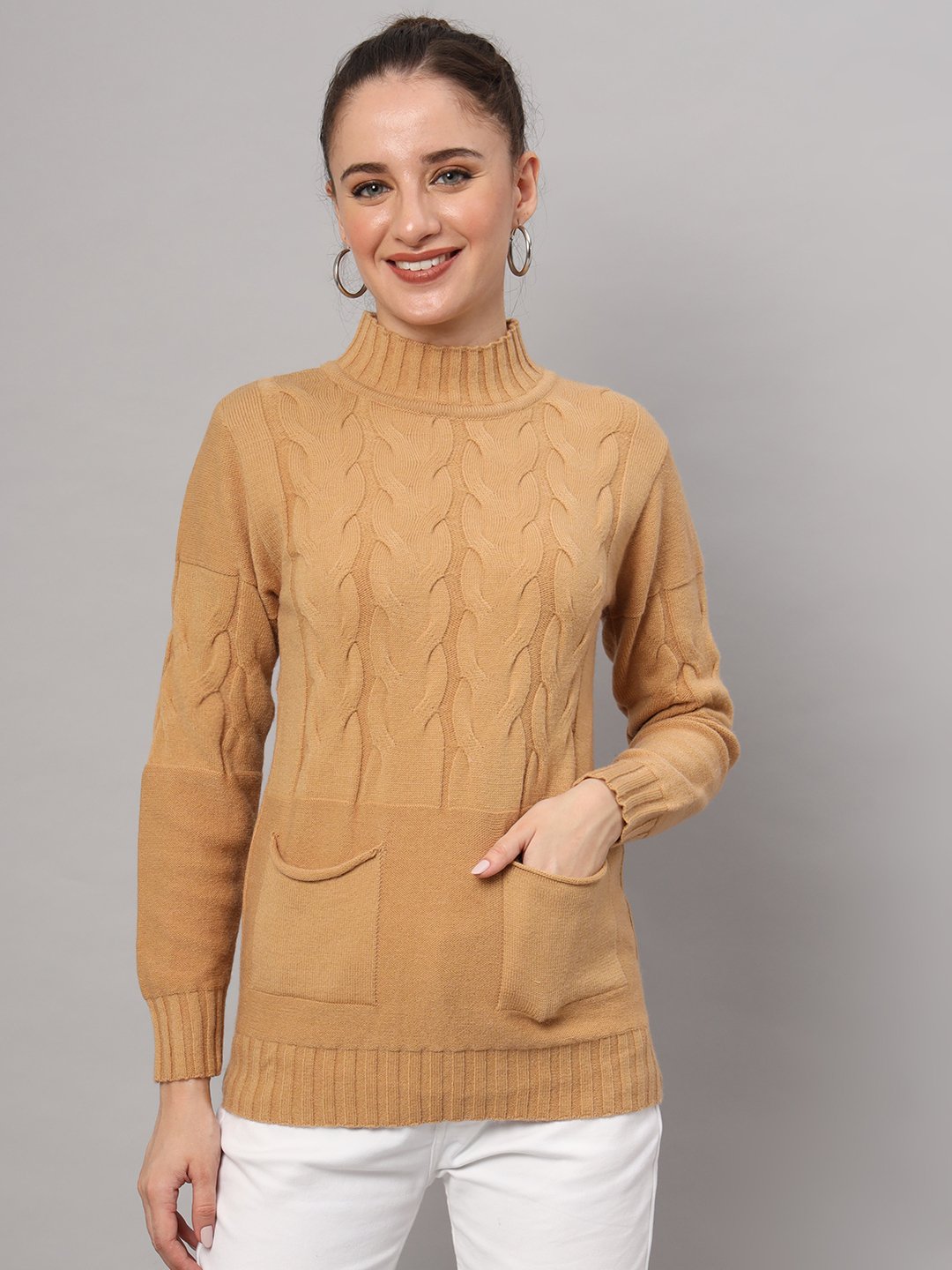 Women’s camel cable knit winter jumper with high neck and front pockets