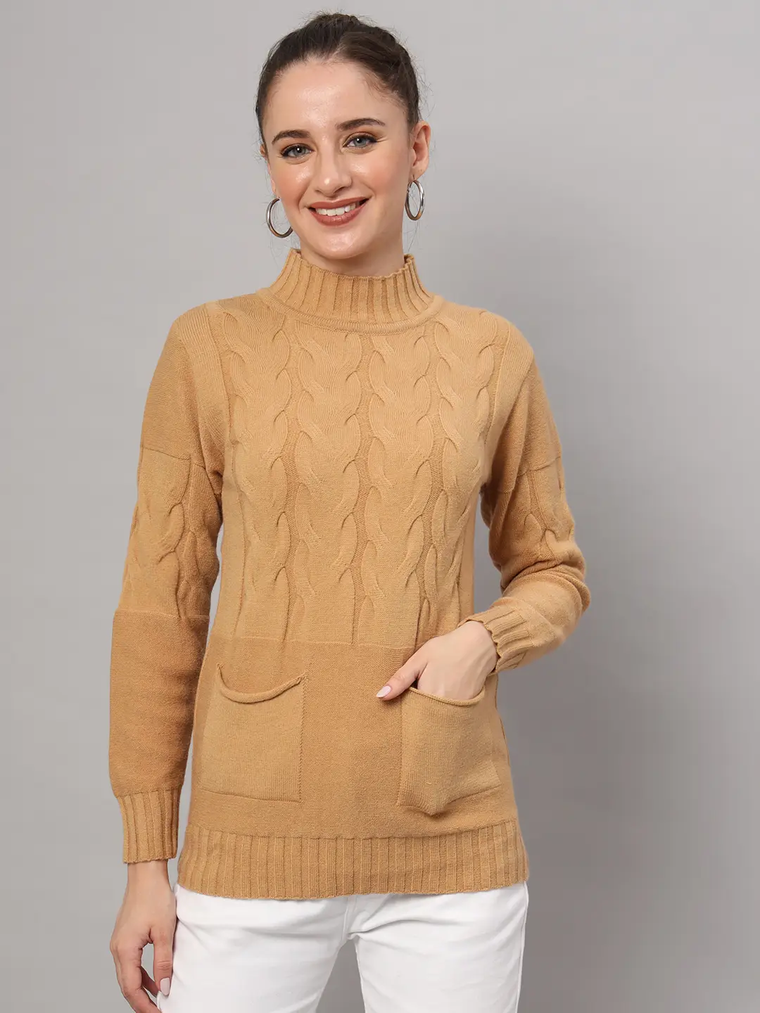 Women’s camel cable knit winter jumper with high neck and front pockets