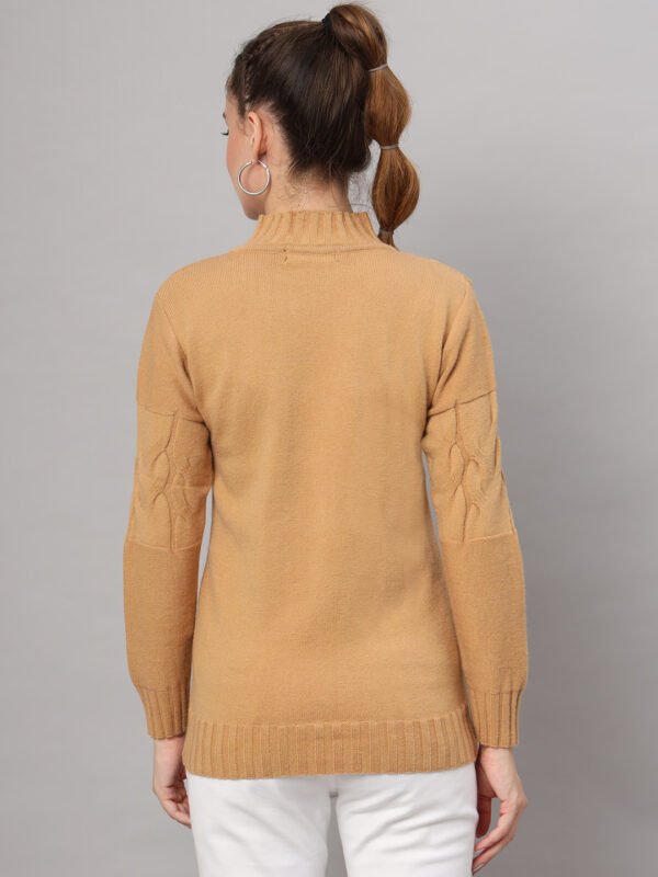 Women’s Camel Cable Knit Winter Mid Length Top with High Neck & Front Pockets