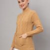 Women’s Camel Cable Knit Winter Mid Length Top with High Neck & Front Pockets