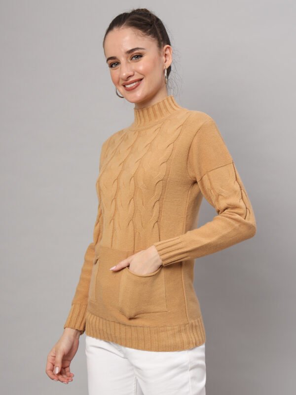 Women’s Camel Cable Knit Winter Mid Length Top with High Neck & Front Pockets