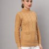 Women’s Camel Cable Knit Winter Mid Length Top with High Neck & Front Pockets