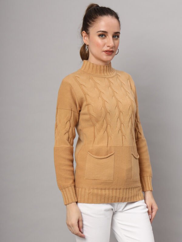 Women’s Camel Cable Knit Winter Mid Length Top with High Neck & Front Pockets