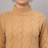 Women’s camel cable knit winter jumper with high neck and front pockets