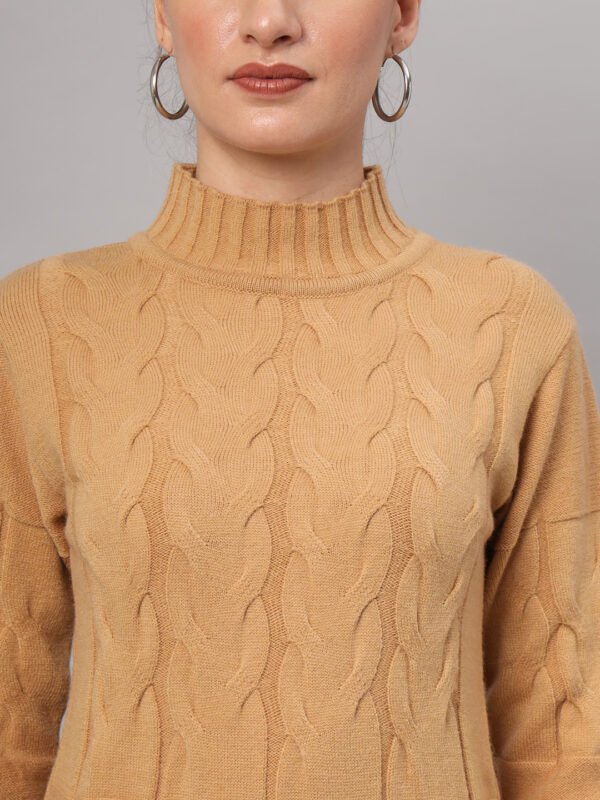 Women’s camel cable knit winter jumper with high neck and front pockets