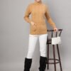 Women’s Camel Cable Knit Winter Mid Length Top with High Neck & Front Pockets