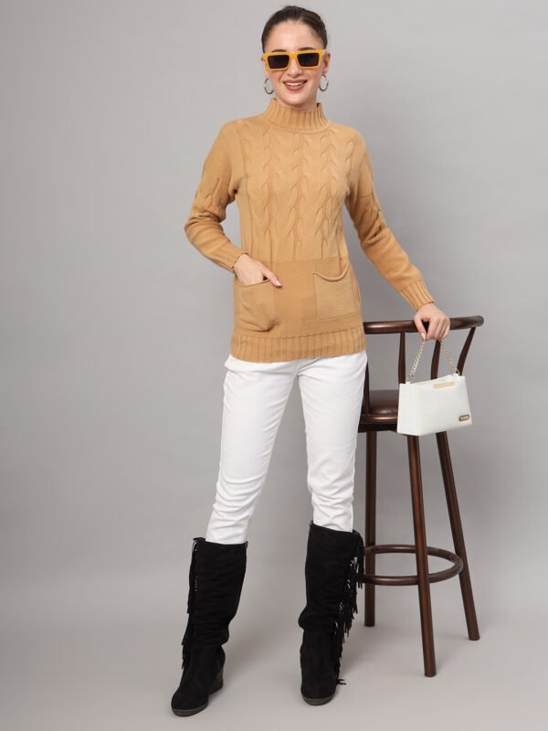 Women’s Camel Cable Knit Winter Mid Length Top with High Neck & Front Pockets