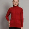 M1_MAROON_01_1 Women’s maroon cable knit high neck mid-length winter top with front pockets