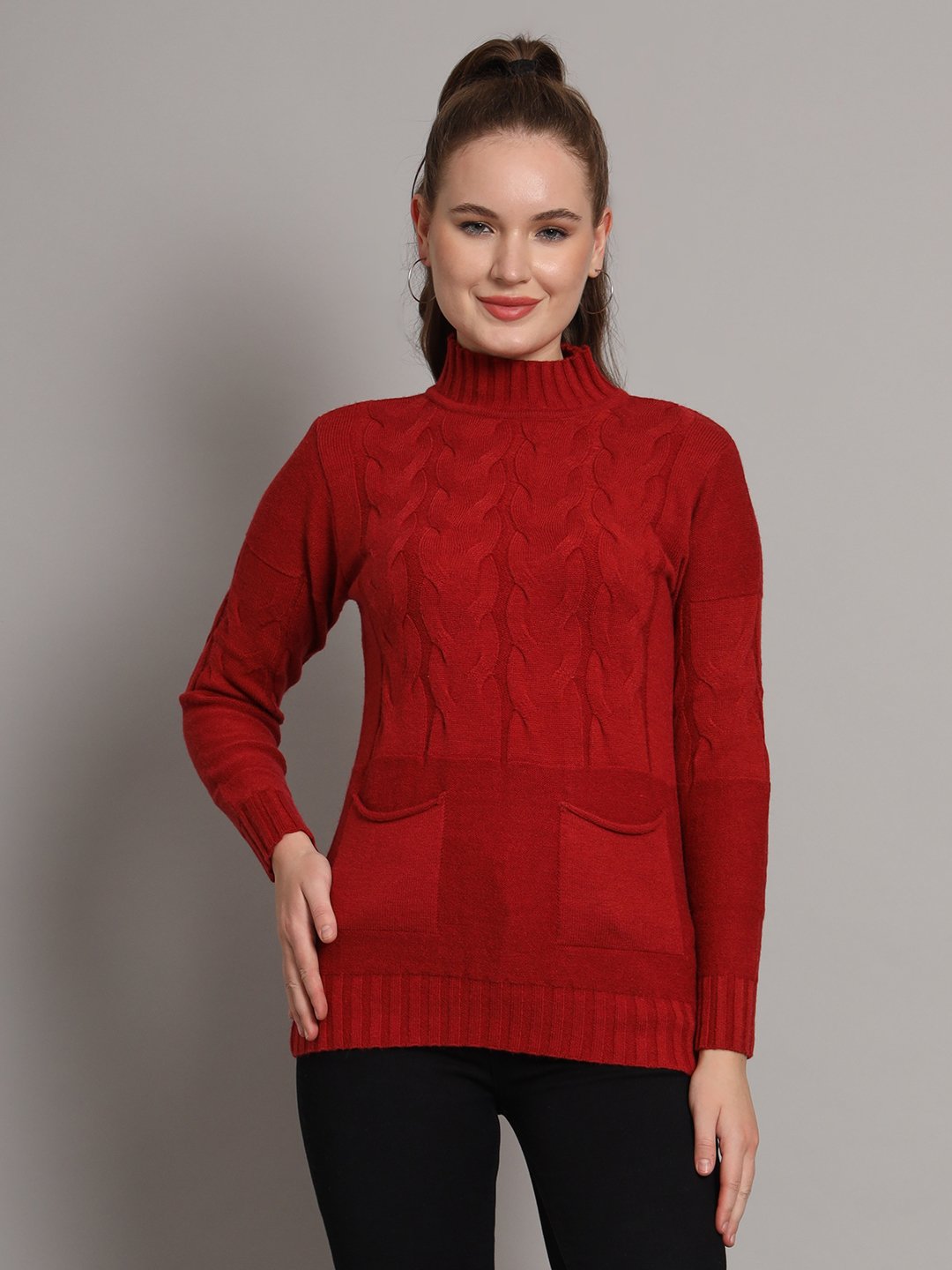 Women’s maroon cable knit high neck mid-length winter top with front pockets