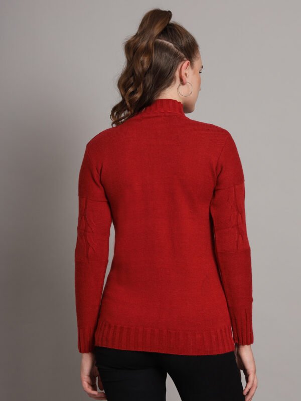 Women’s Maroon Cable Knit High Neck Mid-Length Winter Top with Front Pockets