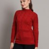 Women’s Maroon Cable Knit High Neck Mid-Length Winter Top with Front Pockets