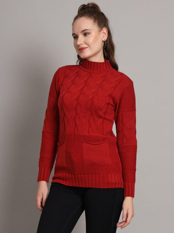 Women’s Maroon Cable Knit High Neck Mid-Length Winter Top with Front Pockets