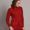 Women’s Maroon Cable Knit High Neck Mid-Length Winter Top with Front Pockets