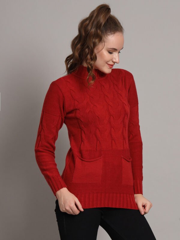 Women’s Maroon Cable Knit High Neck Mid-Length Winter Top with Front Pockets