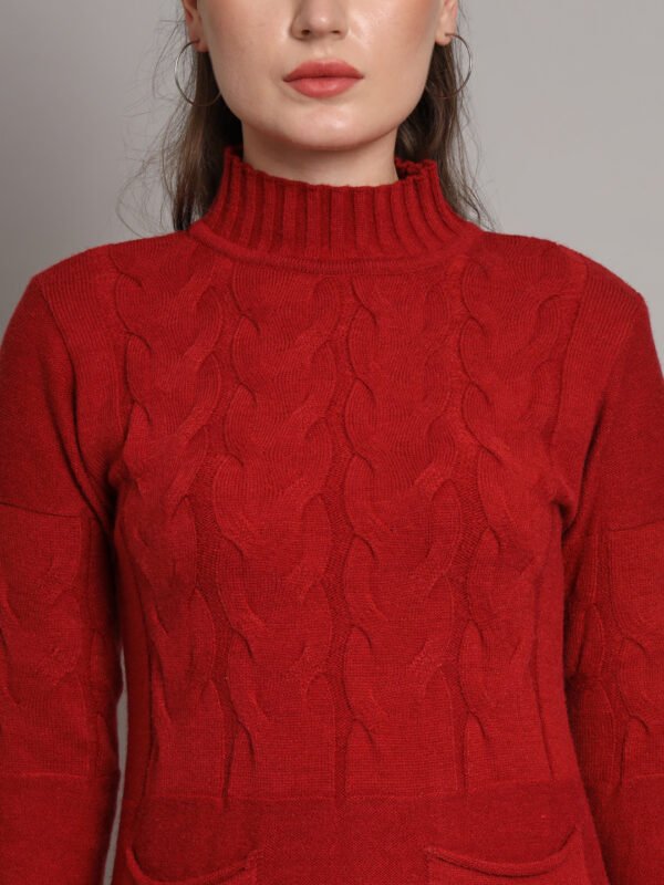 Women’s Maroon Cable Knit High Neck Mid-Length Winter Top with Front Pockets