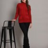 Women’s maroon cable knit high neck mid-length winter top with front pockets